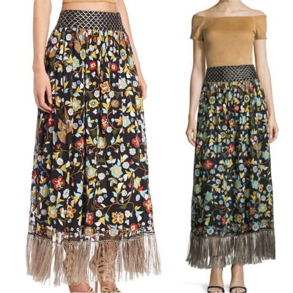 Alice + Olivia Floral Maxi Skirt with Fringe